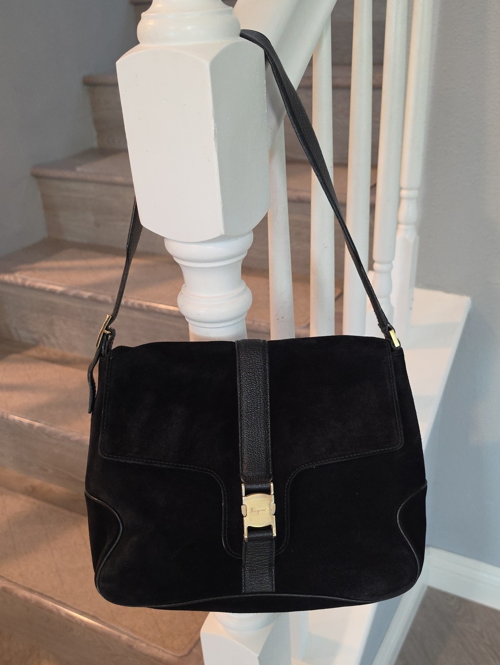 Salvatore Ferragamo Black Suede Shoulder Bag with Center Strap and Gold Buckle